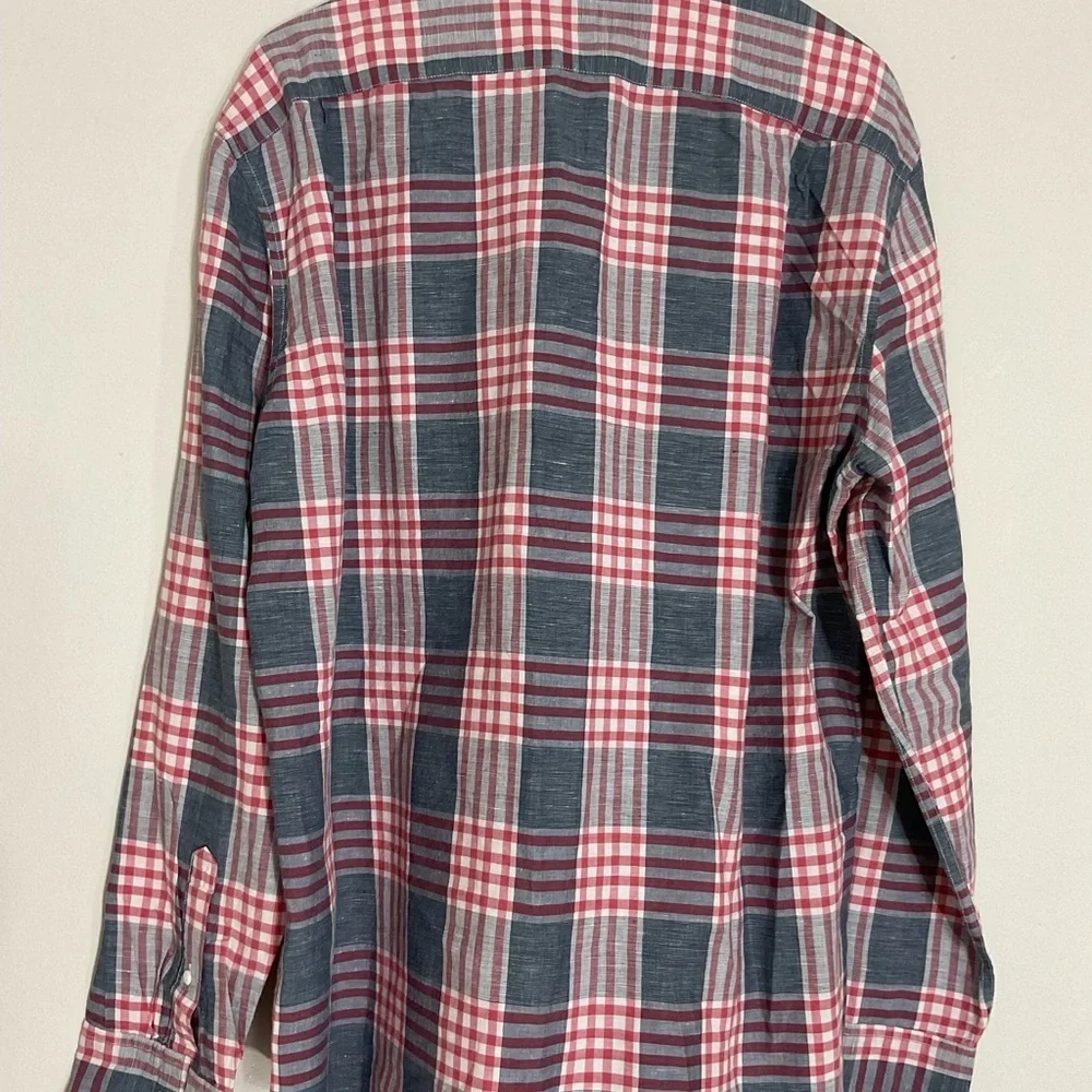 J. Crew linen Red and Blue Plaid Casual Button Down Shirt men size XL